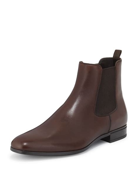 prada leather chelsea rubber-bottom boot brown|prada saffiano leather chelsea boot.